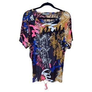 Love J Graphic Mesh Top With Open Back - Multi Colored - Size 3X